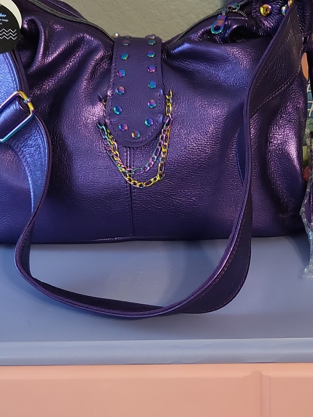 Purple Studded Chain Shoulder Bag - Women